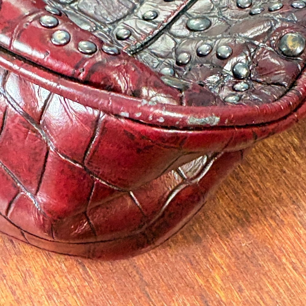 Berge Italy Burgundy Leather Croc Shoulder Bag Studded Purse Y2K Boho Western - Picture 10 of 11